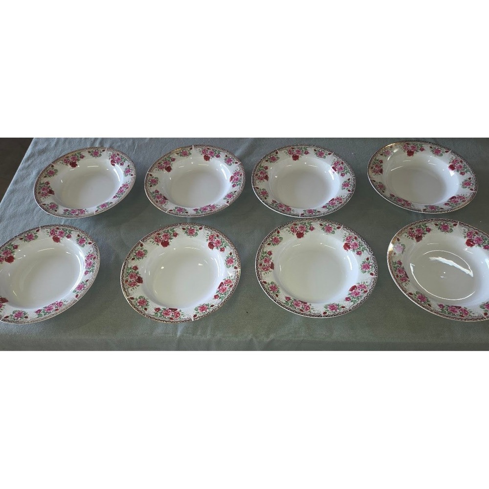 Nikita Fine China 8.5" Rimmed Soup Bowls Set of 8 Floral Rose Gold Trim Vintage